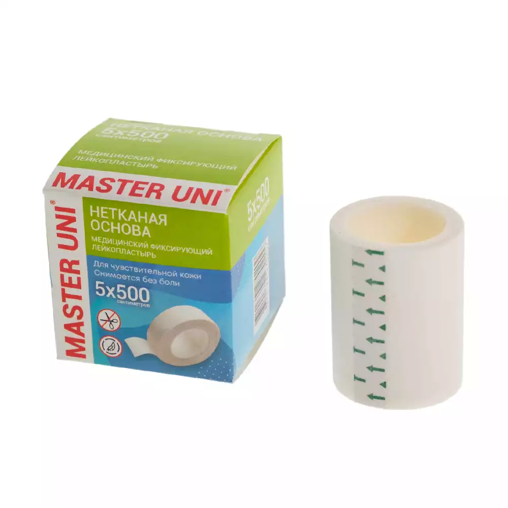 Лейкопластырь Master Uni на нетканой основе (целлюлоза),фиксирующий, размер 5см*500см, катушка в картонной коробке