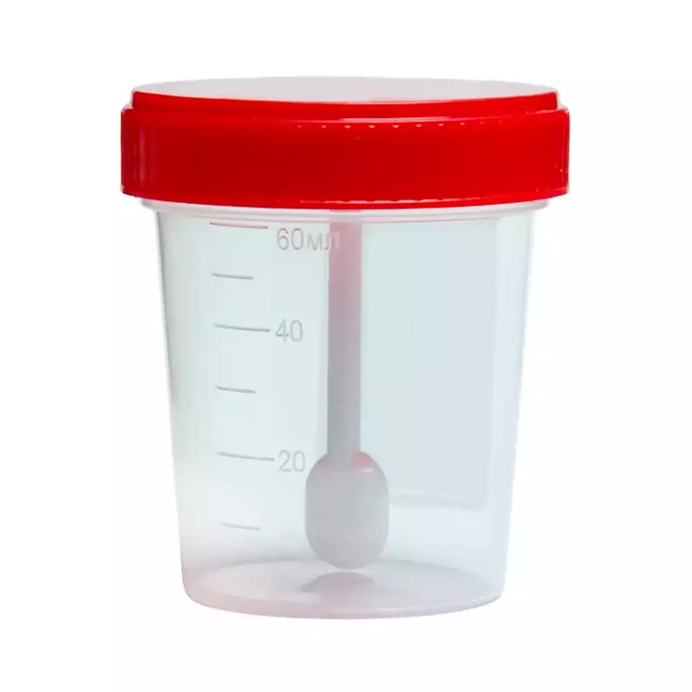 Контейнер 60мл, для взятия биоматериала, стерильный, с завинчающейся крышкой, со шпателем, индивидуальная упаковка