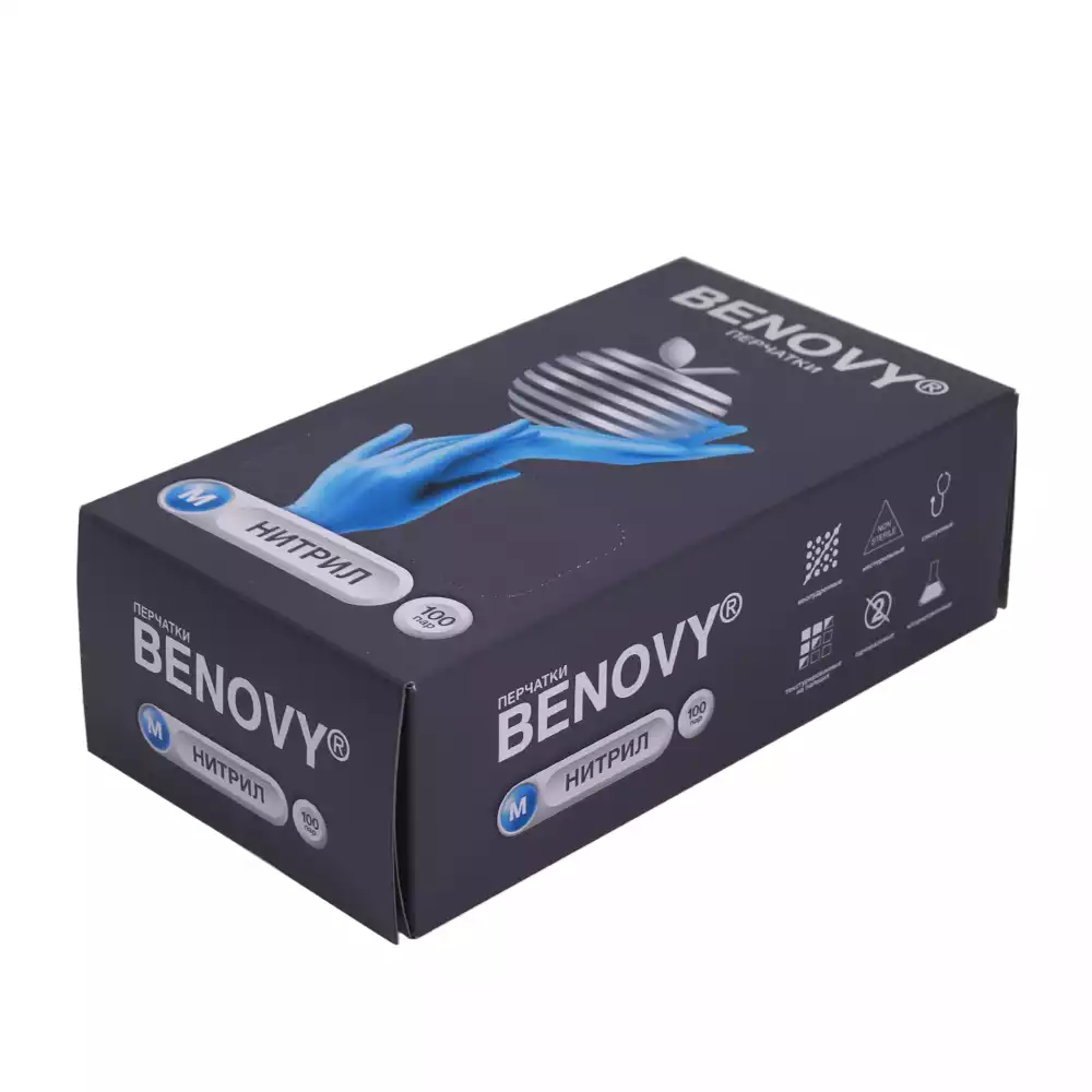 Перчатки BENOVY, размер M, нитриловые, вес 6,0г/пара, неопудренные, текстурированные на пальцах, цвет голубой, нестерильные, упаковка 100 пар