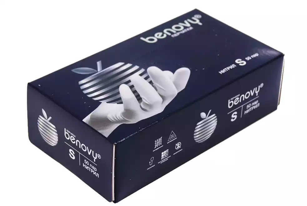 Перчатки BENOVY, размер S, нитриловые,неопудренные, текстурированные на пальцах, цвет белый, нестерильные, 50 пар/упак