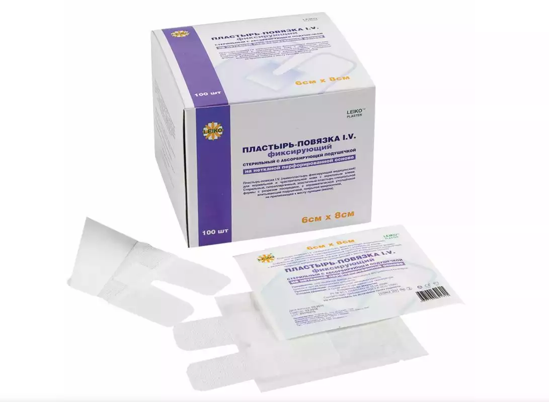 Пластырь для фиксации катетеров LEIKO 6×8 см, на нетканой основе с u-образным вырезом и впитывающей прокладкой