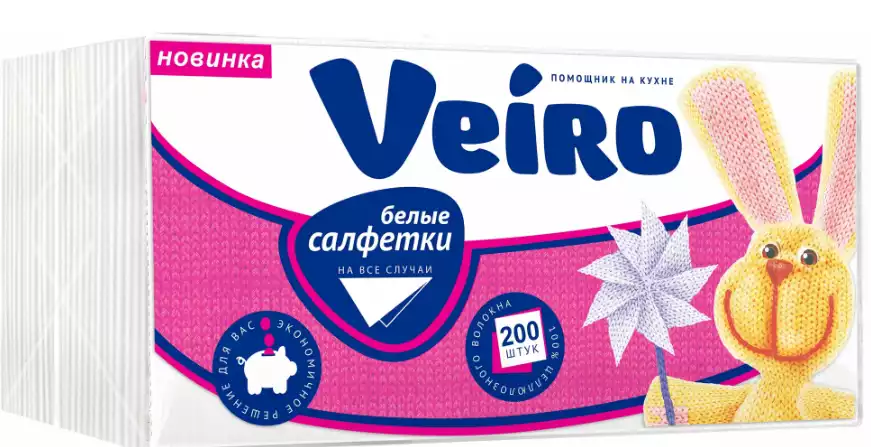 Салфетки бумажные Veiro 1 сл., 24х24см, белые, 200шт/упак